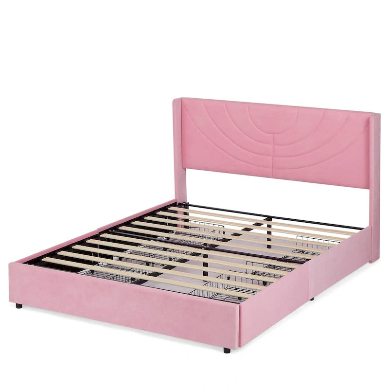 VECELO Upholstered Bed Frame with Headboard & 4 Storage Drawers
