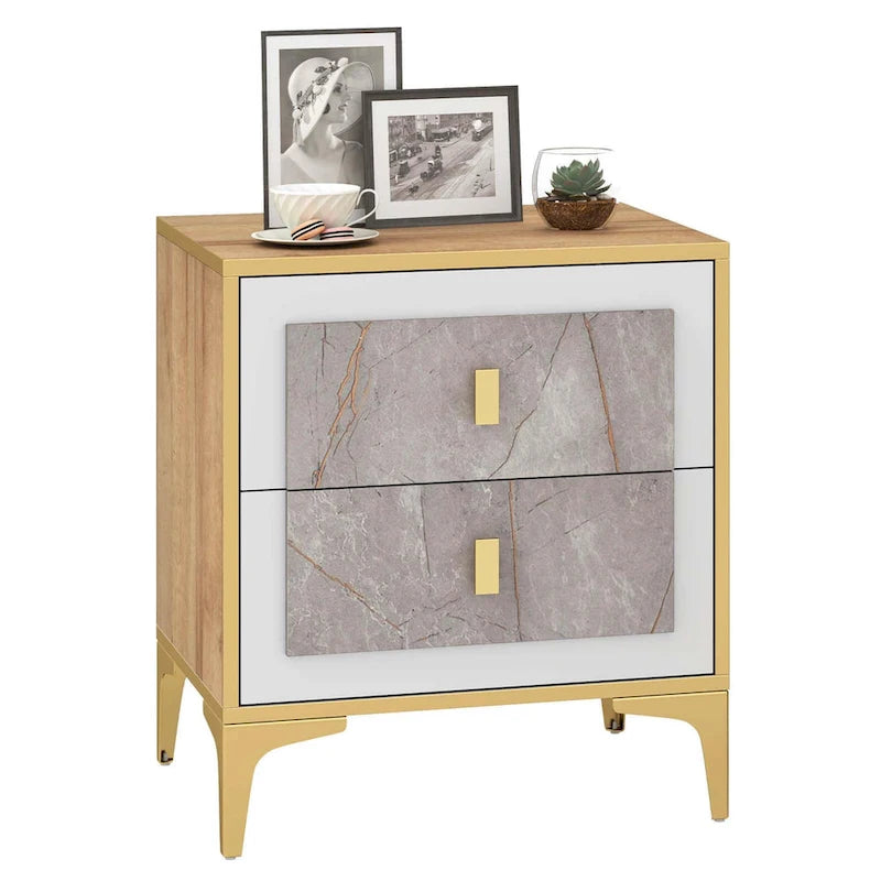 Costway 1/2 PCS Nightstand with Storage Faux Marble Surface Accent