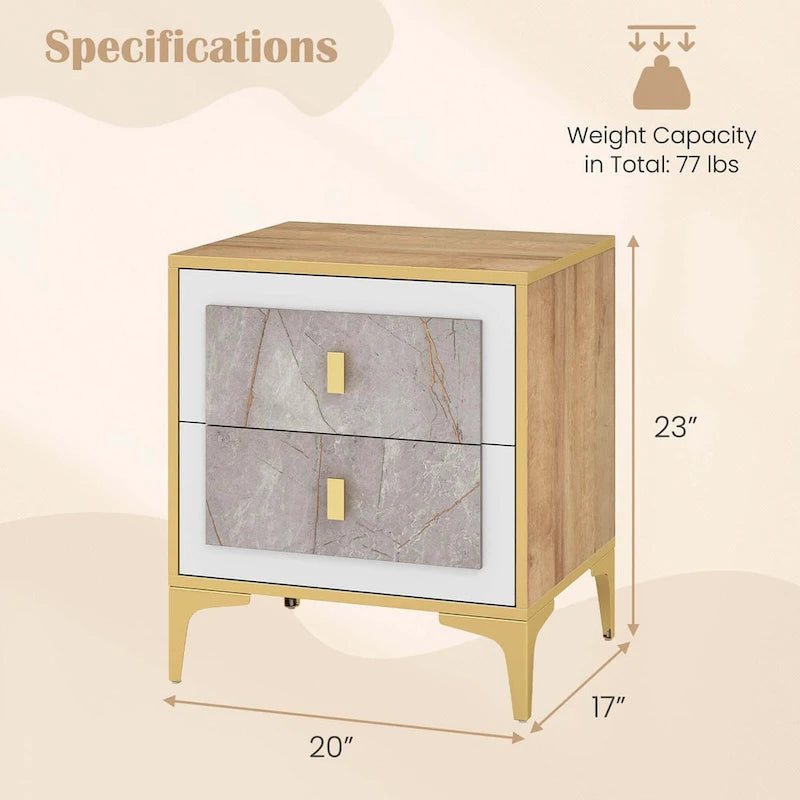 Costway 1/2 PCS Nightstand with Storage Faux Marble Surface Accent