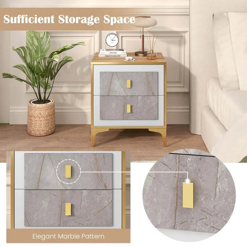 Costway 1/2 PCS Nightstand with Storage Faux Marble Surface Accent