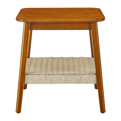Mid-Century Square Side Table with Woven Shelf Walnut