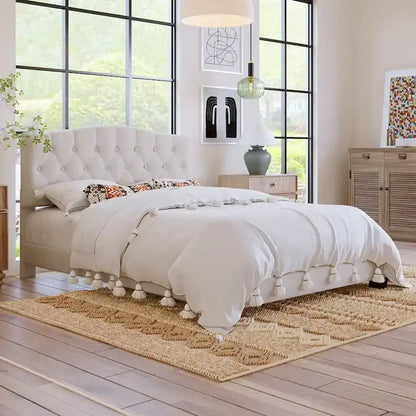 Upholstered Platform Bed with Saddle Curved Headboard and Diamond Tufted Details