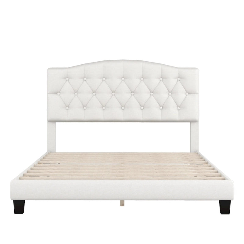 Upholstered Platform Bed with Saddle Curved Headboard and Diamond Tufted Details