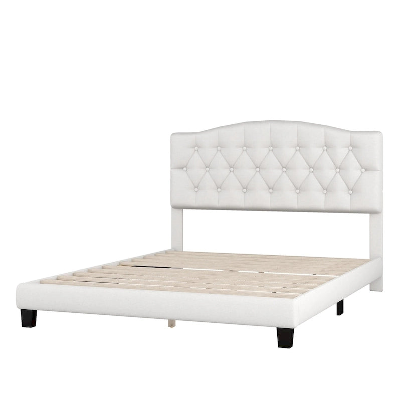 Upholstered Platform Bed with Saddle Curved Headboard and Diamond Tufted Details