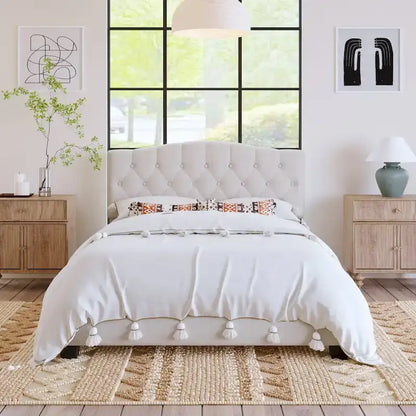 Upholstered Platform Bed with Saddle Curved Headboard and Diamond Tufted Details