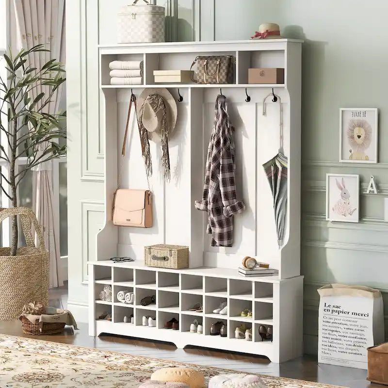 Hallway Coat Rack with Bench 60 Wide Hall Tree with Ample Storage Space and 24 Shoe Cubbies , White ( OLD SKU: WF286983AAK )