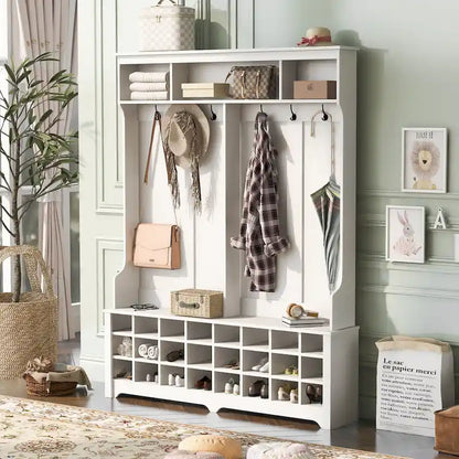 Hallway Coat Rack with Bench 60 Wide Hall Tree with Ample Storage Space and 24 Shoe Cubbies , White ( OLD SKU: WF286983AAK )