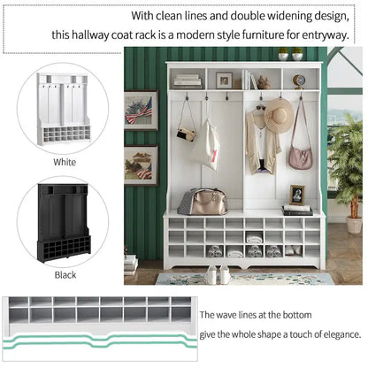 Hallway Coat Rack with Bench 60 Wide Hall Tree with Ample Storage Space and 24 Shoe Cubbies , White ( OLD SKU: WF286983AAK )