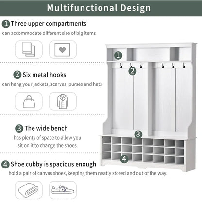 Hallway Coat Rack with Bench 60 Wide Hall Tree with Ample Storage Space and 24 Shoe Cubbies , White ( OLD SKU: WF286983AAK )