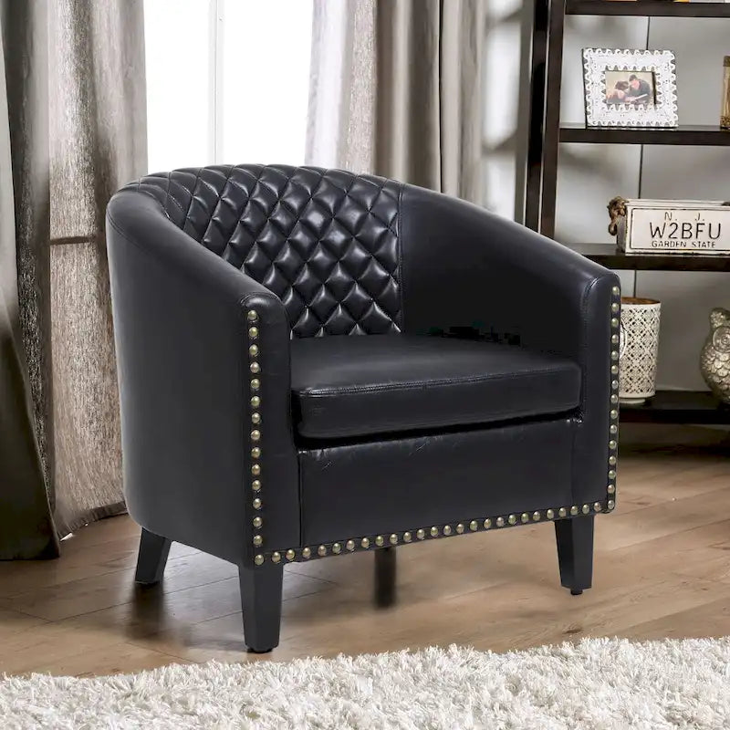 Accent Barrel chair living room chair with nailheads and solid wood legs