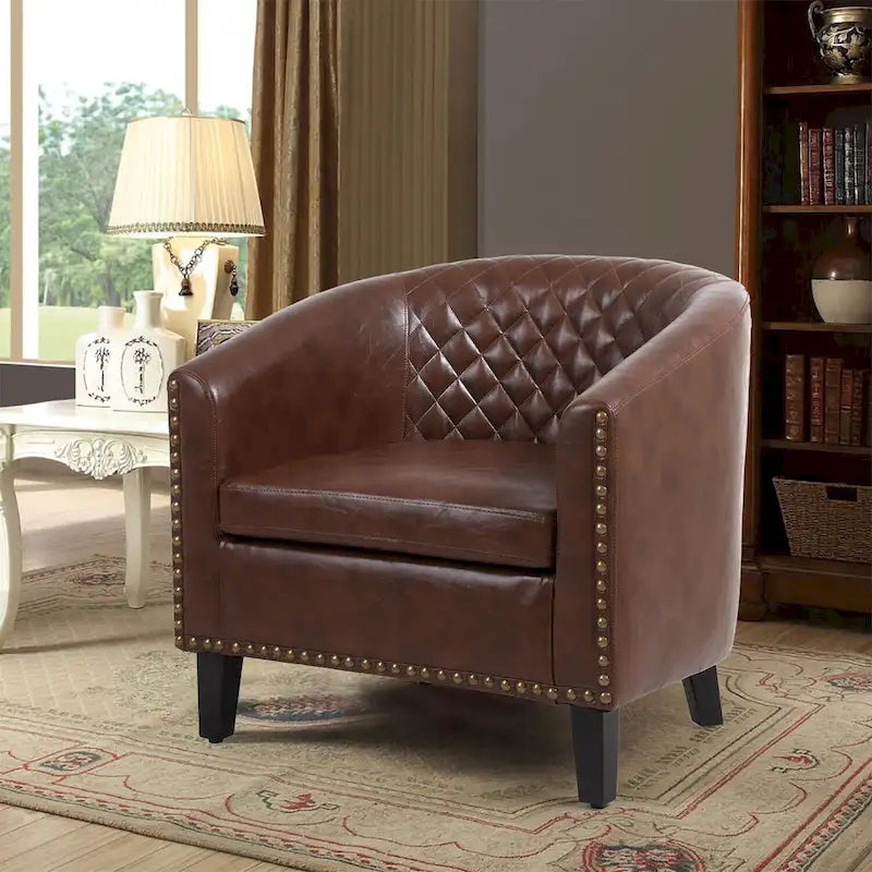 Accent Barrel chair living room chair with nailheads and solid wood legs