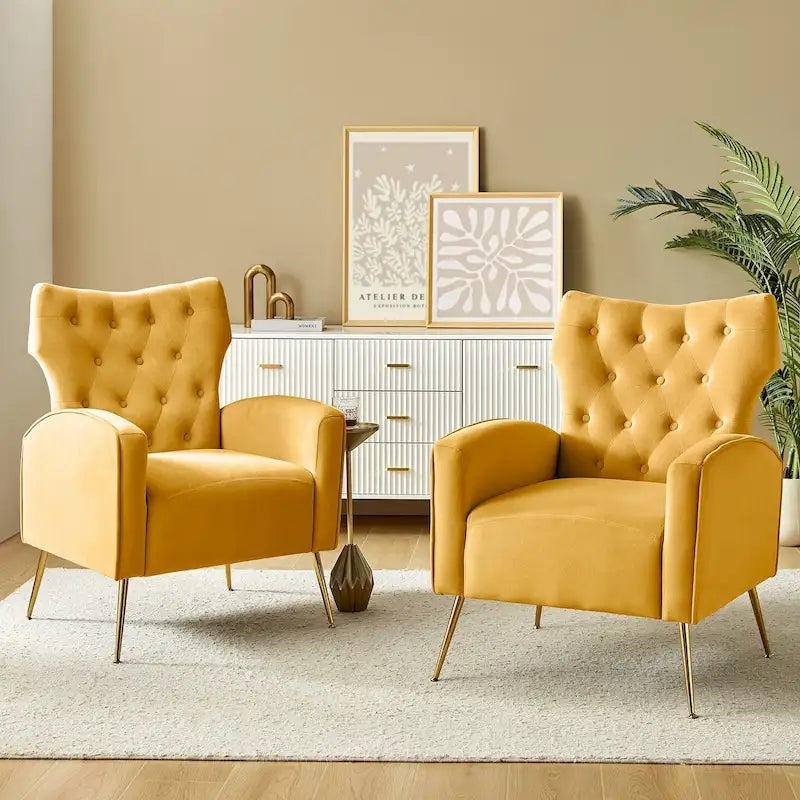 Danita Contemporary Velvet Wingback Tufted Chair With Gold Flared Metal Legs Set Of 2 by HULALA HOME