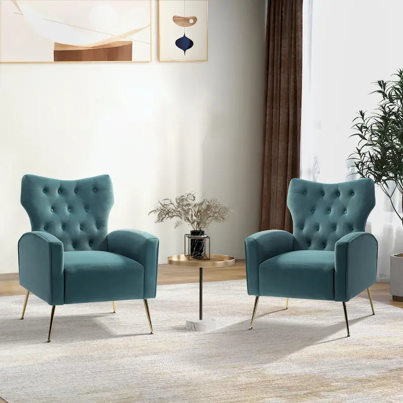 Danita Contemporary Velvet Wingback Tufted Chair With Gold Flared Metal Legs Set Of 2 by HULALA HOME