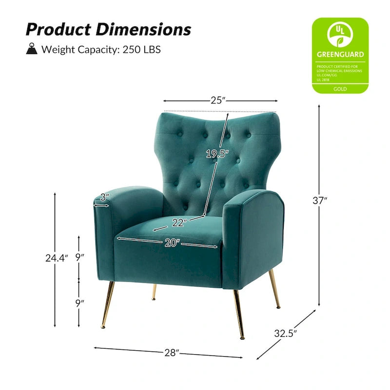 Danita Contemporary Velvet Wingback Tufted Chair With Gold Flared Metal Legs Set Of 2 by HULALA HOME