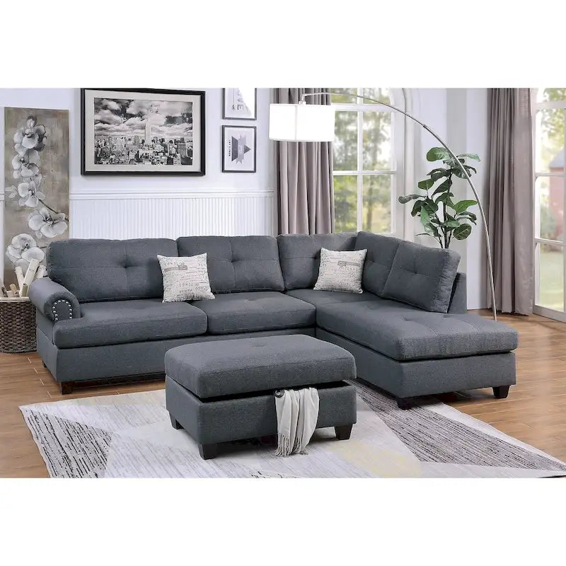 Poundex 3 Piece Fabric Sectional Sofa Set with Storage Ottoman