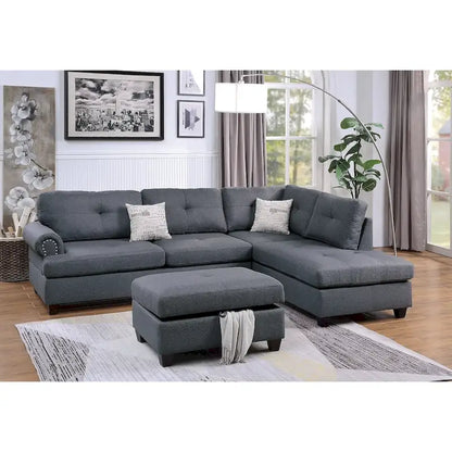 Poundex 3 Piece Fabric Sectional Sofa Set with Storage Ottoman