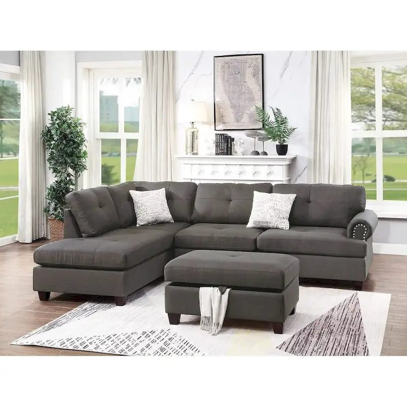 Poundex 3 Piece Fabric Sectional Sofa Set with Storage Ottoman