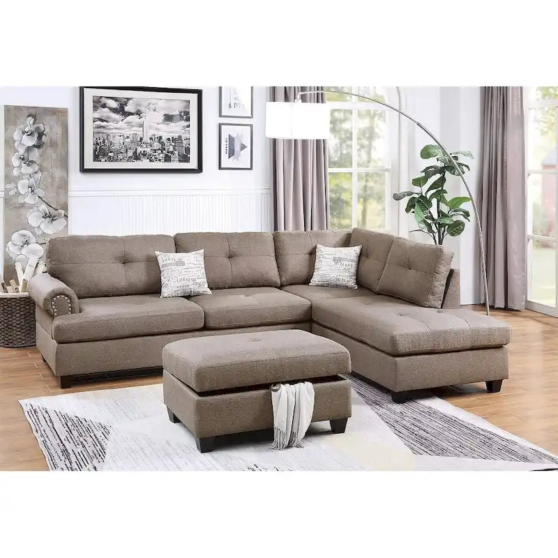 Poundex 3 Piece Fabric Sectional Sofa Set with Storage Ottoman