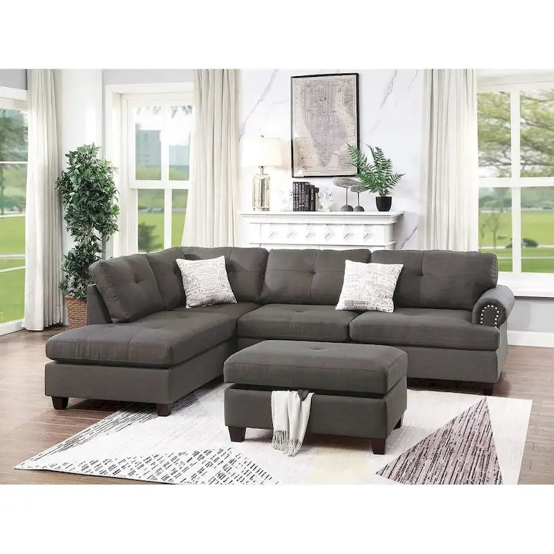 Poundex 3 Piece Fabric Sectional Sofa Set with Storage Ottoman