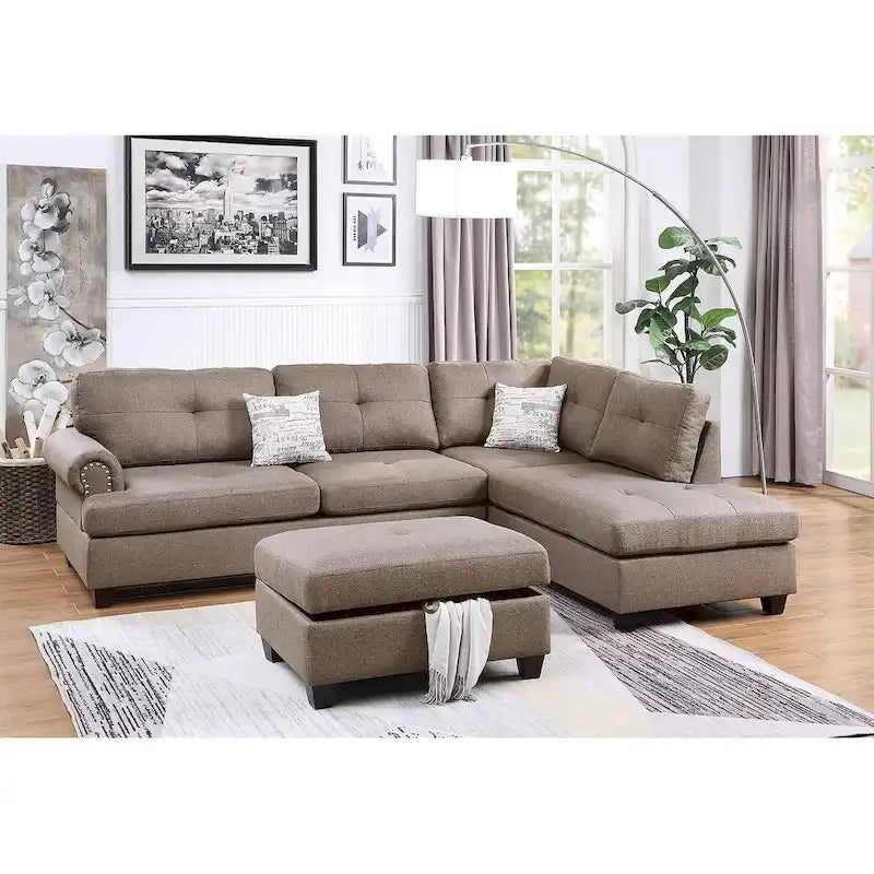 Poundex 3 Piece Fabric Sectional Sofa Set with Storage Ottoman