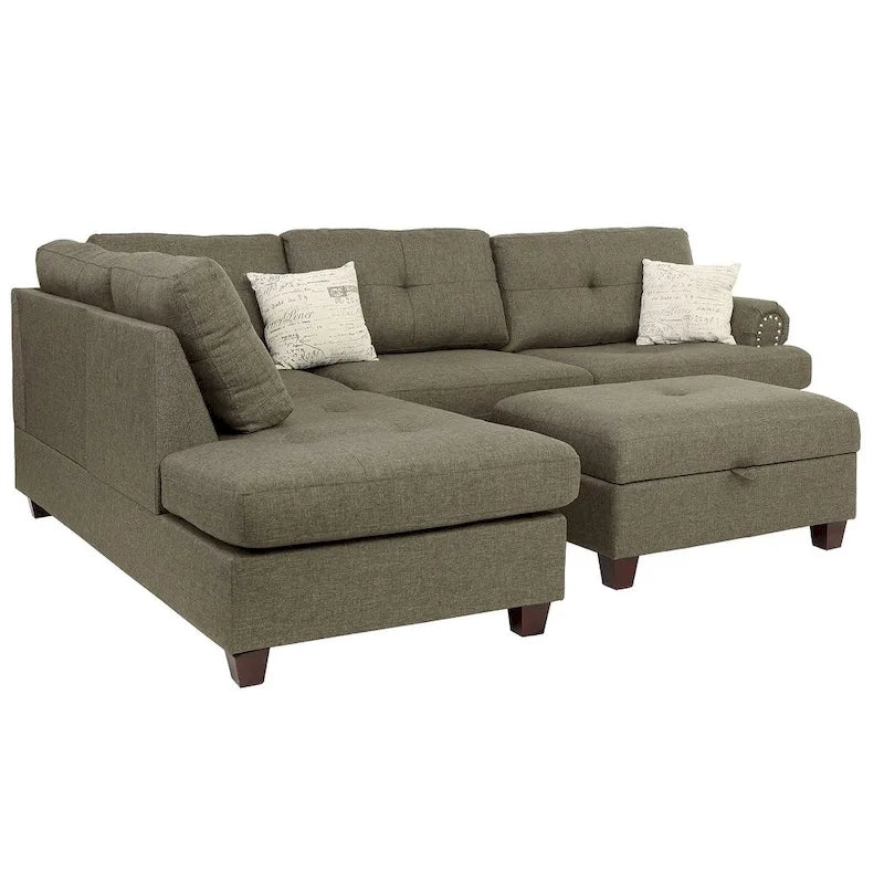 Poundex 3 Piece Fabric Sectional Sofa Set with Storage Ottoman