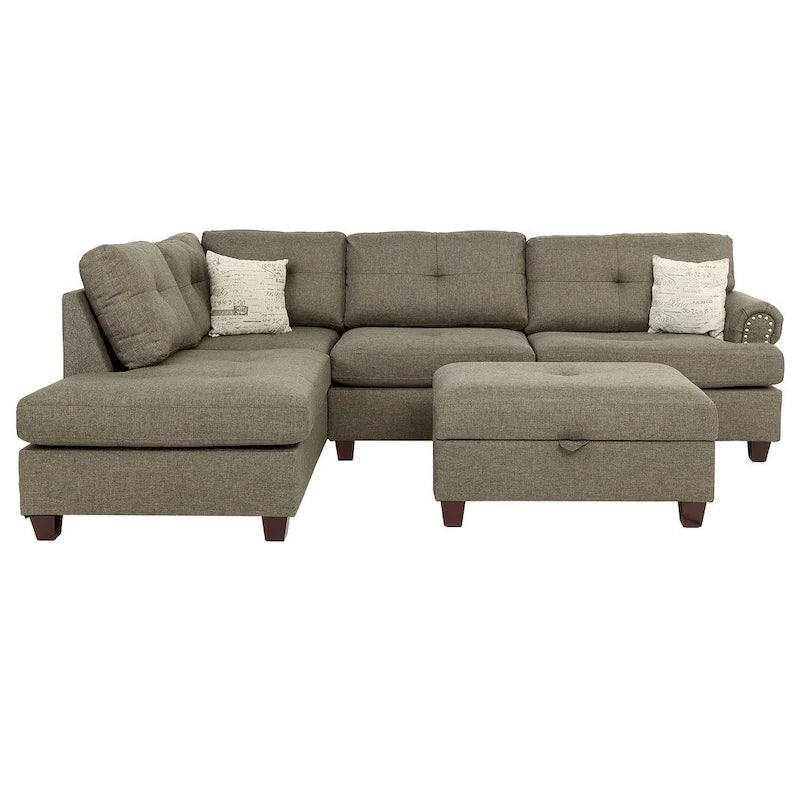 Poundex 3 Piece Fabric Sectional Sofa Set with Storage Ottoman