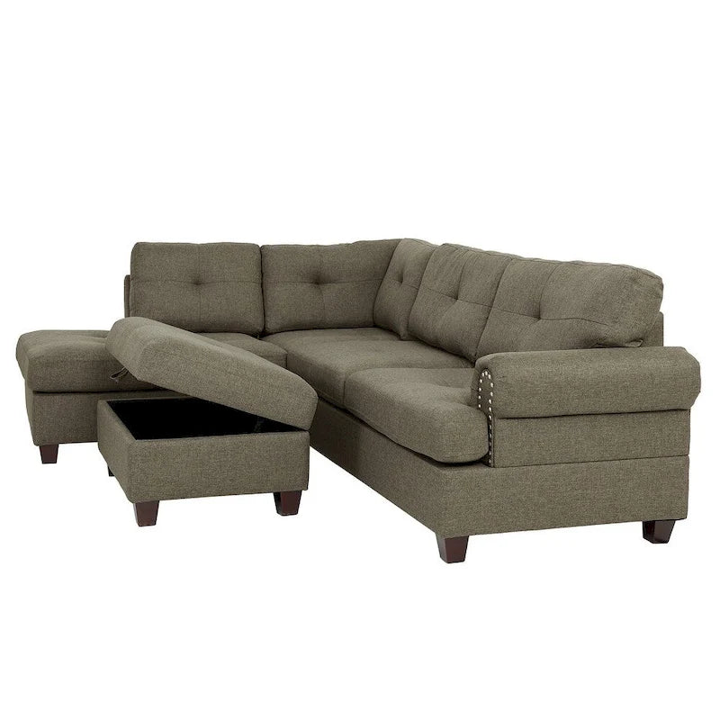 Poundex 3 Piece Fabric Sectional Sofa Set with Storage Ottoman
