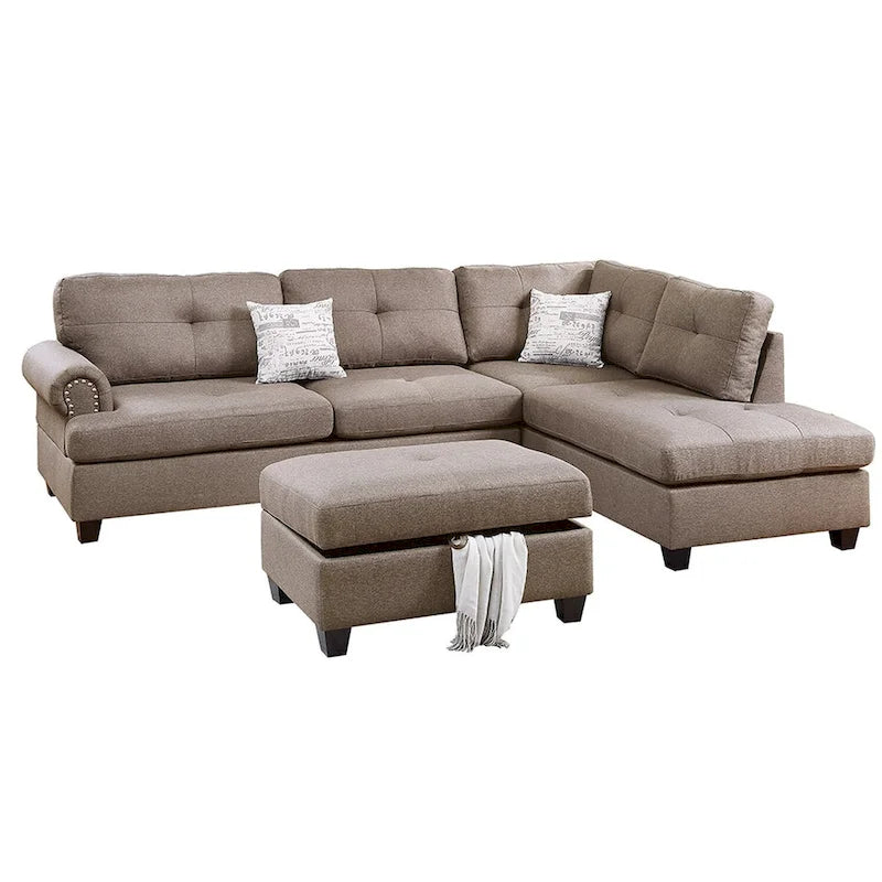 Poundex 3 Piece Fabric Sectional Sofa Set with Storage Ottoman