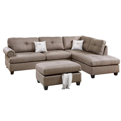 Poundex 3 Piece Fabric Sectional Sofa Set with Storage Ottoman