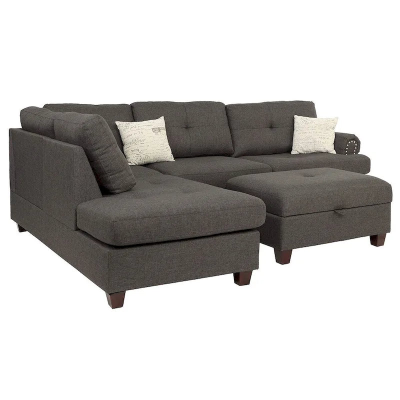 Poundex 3 Piece Fabric Sectional Sofa Set with Storage Ottoman