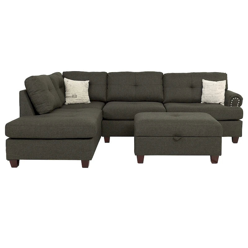 Poundex 3 Piece Fabric Sectional Sofa Set with Storage Ottoman