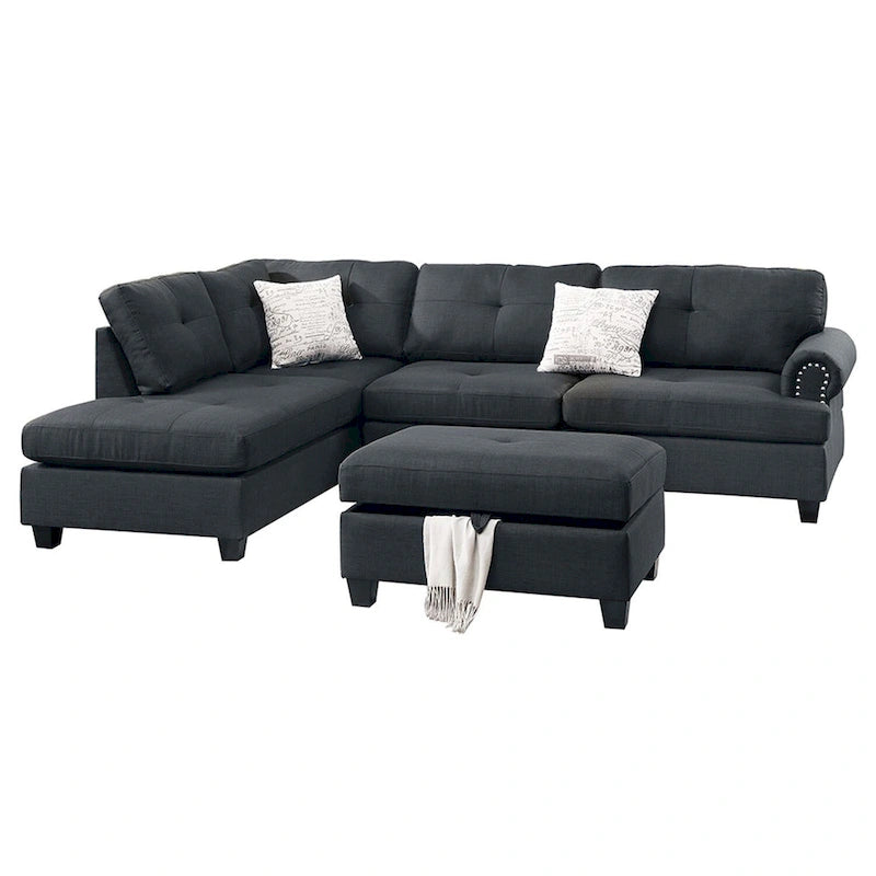 Poundex 3 Piece Fabric Sectional Sofa Set with Storage Ottoman