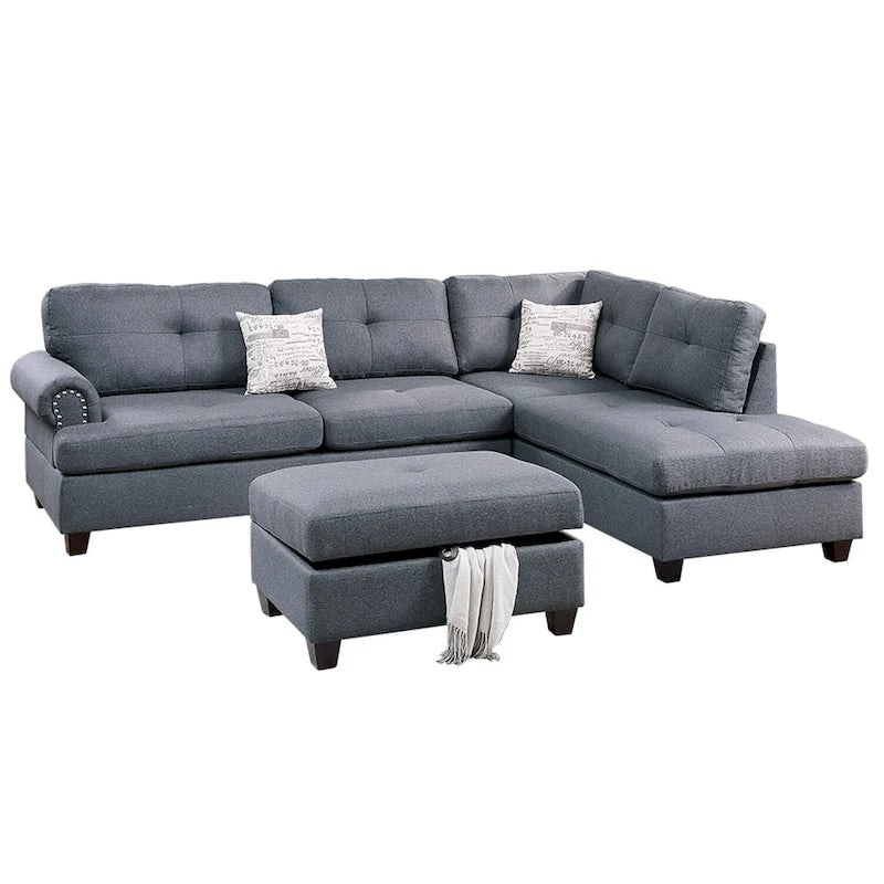 Poundex 3 Piece Fabric Sectional Sofa Set with Storage Ottoman