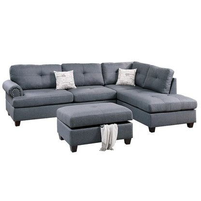 Poundex 3 Piece Fabric Sectional Sofa Set with Storage Ottoman