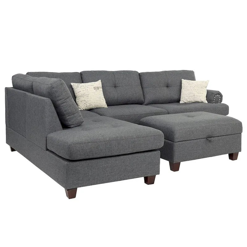Poundex 3 Piece Fabric Sectional Sofa Set with Storage Ottoman