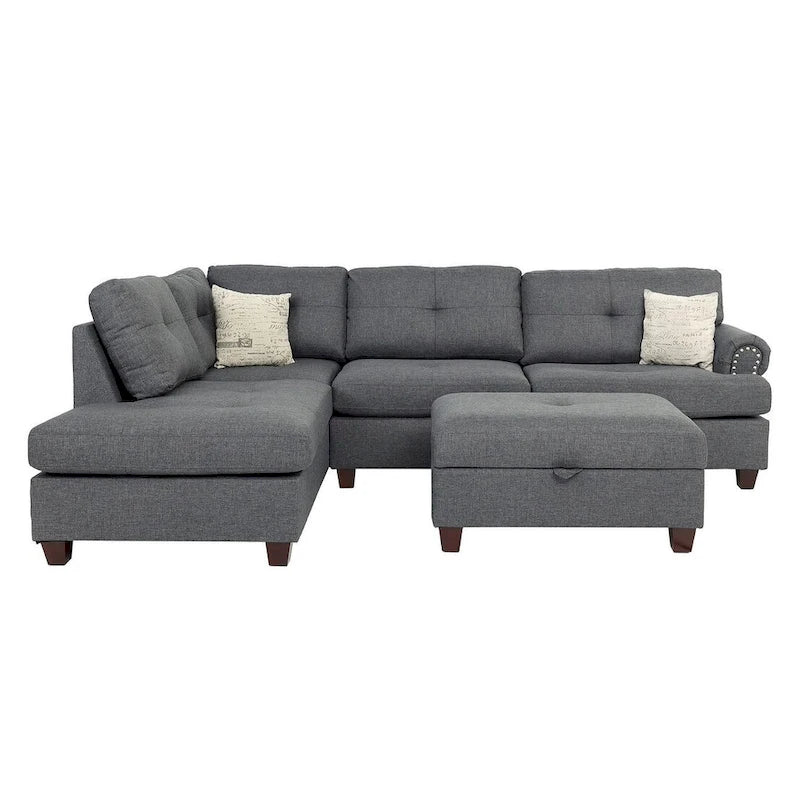 Poundex 3 Piece Fabric Sectional Sofa Set with Storage Ottoman