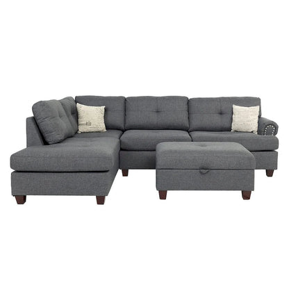 Poundex 3 Piece Fabric Sectional Sofa Set with Storage Ottoman