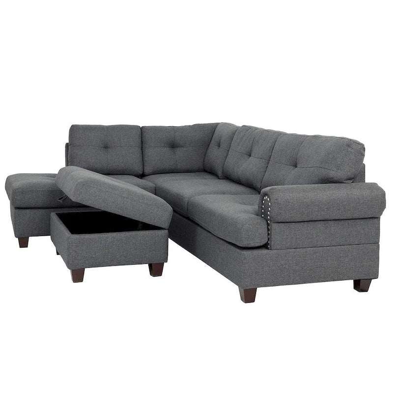 Poundex 3 Piece Fabric Sectional Sofa Set with Storage Ottoman