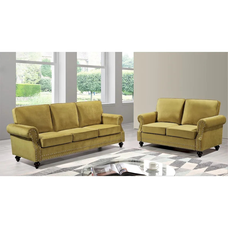 Suffield Velvet Nailhead 2-Piece Set-Loveseat & Sofa
