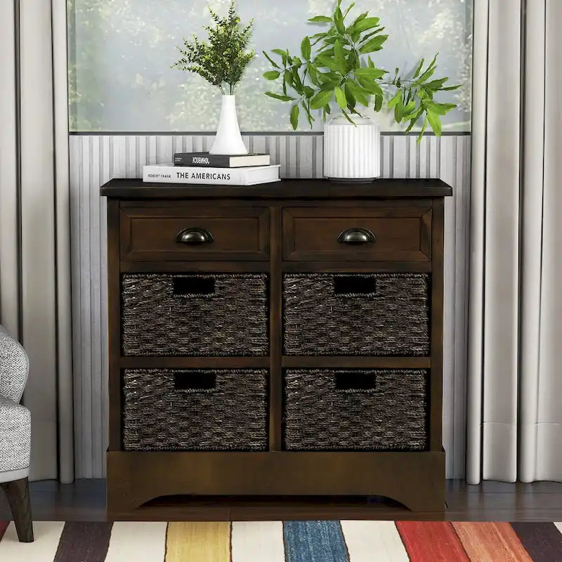 Nestfair Storage Cabinet with 2 Drawers and 4 Classic Rattan Basket