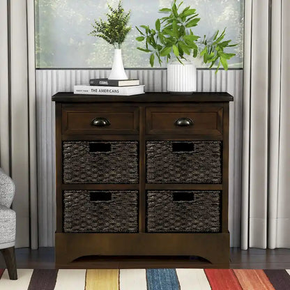 Nestfair Storage Cabinet with 2 Drawers and 4 Classic Rattan Basket