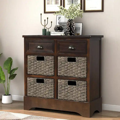 Nestfair Storage Cabinet with 2 Drawers and 4 Classic Rattan Basket