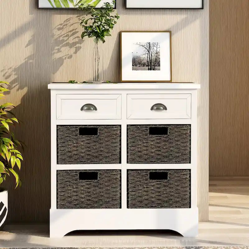 Nestfair Storage Cabinet with 2 Drawers and 4 Classic Rattan Basket