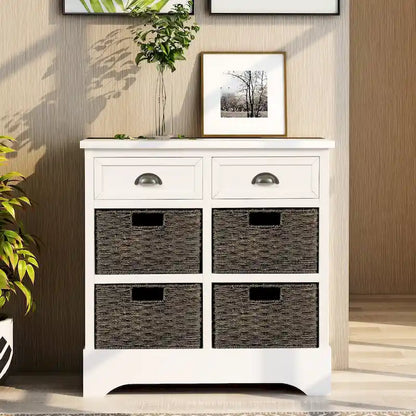 Nestfair Storage Cabinet with 2 Drawers and 4 Classic Rattan Basket