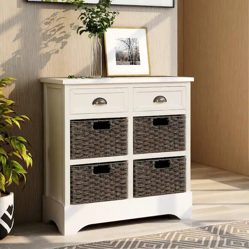 Nestfair Storage Cabinet with 2 Drawers and 4 Classic Rattan Basket