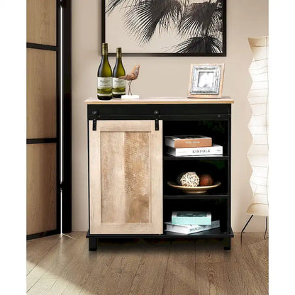 Black and Oak Engineered Wood Storage Wine Cabinet - 32.5 H x 31.5 W x 15.75 D