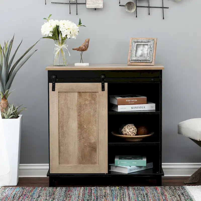 Black and Oak Engineered Wood Storage Wine Cabinet - 32.5 H x 31.5 W x 15.75 D