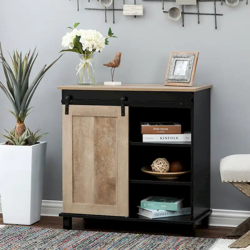 Black and Oak Engineered Wood Storage Wine Cabinet - 32.5 H x 31.5 W x 15.75 D