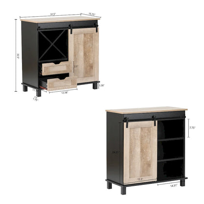 Black and Oak Engineered Wood Storage Wine Cabinet - 32.5 H x 31.5 W x 15.75 D