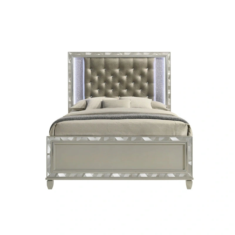 New Classic Furniture Deirde Gray And Sliver Bed with Tufted Headboard